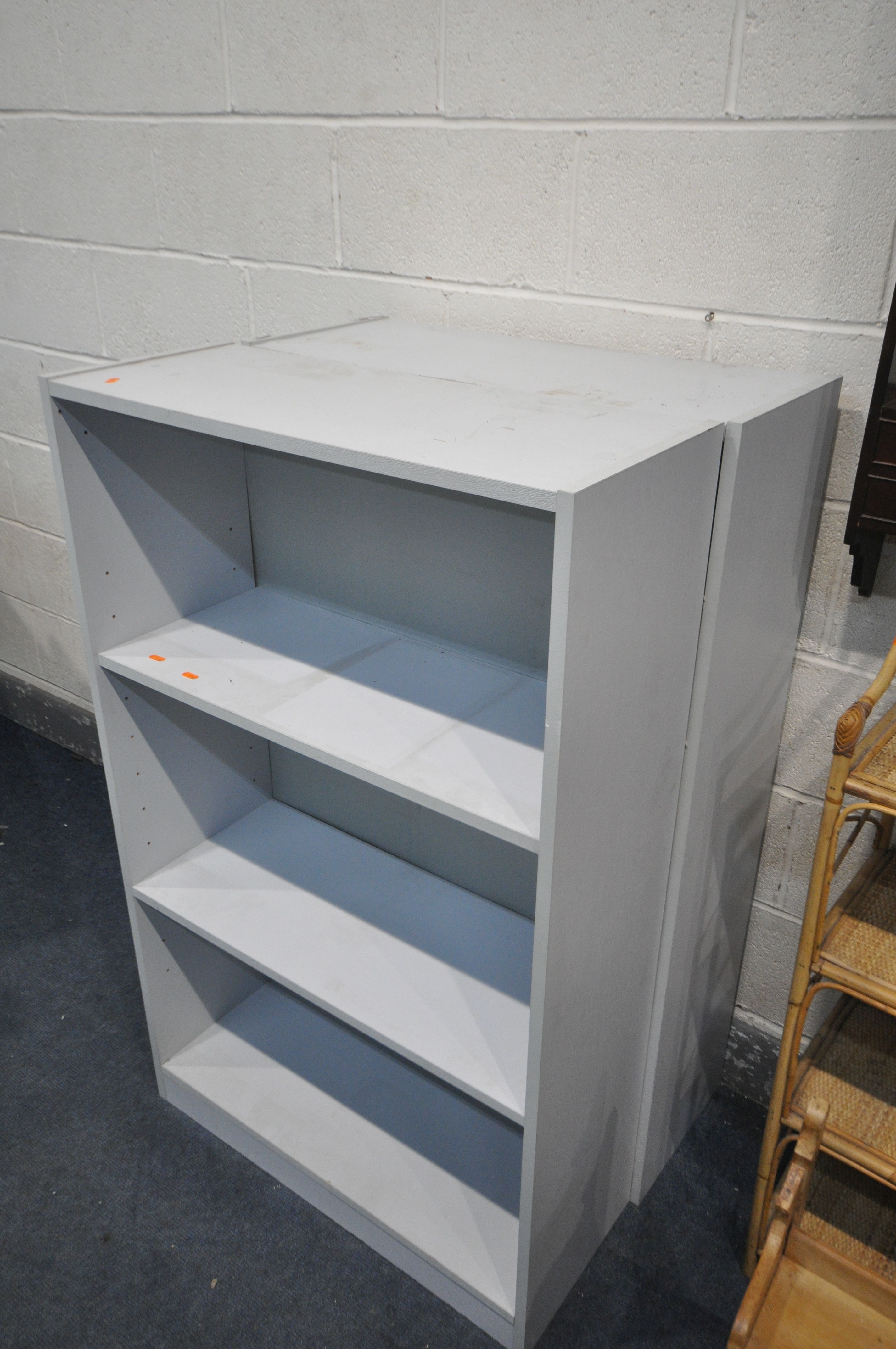 A MAHOGANY WALL SHELF, width 128cm x height 93cm, along with a bamboo bookcase, a pine hanging - Image 4 of 4