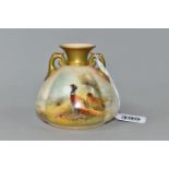 A ROYAL WORCESTER TWIN HANDLED VASE, of squat bulbous form, shape no 155, painted with a pair of