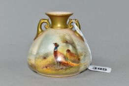 A ROYAL WORCESTER TWIN HANDLED VASE, of squat bulbous form, shape no 155, painted with a pair of