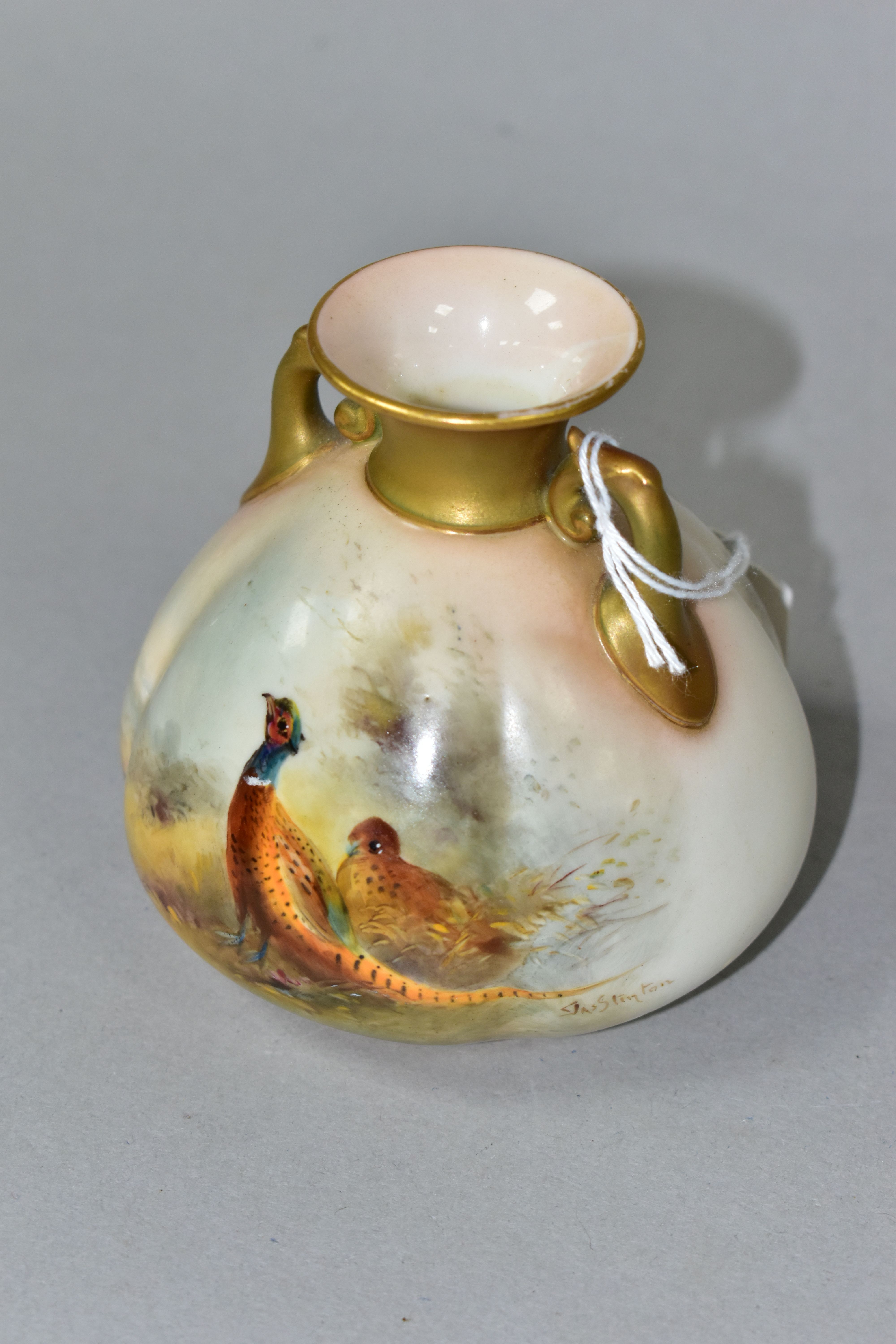 A ROYAL WORCESTER TWIN HANDLED VASE, of squat bulbous form, shape no 155, painted with a pair of - Image 5 of 5