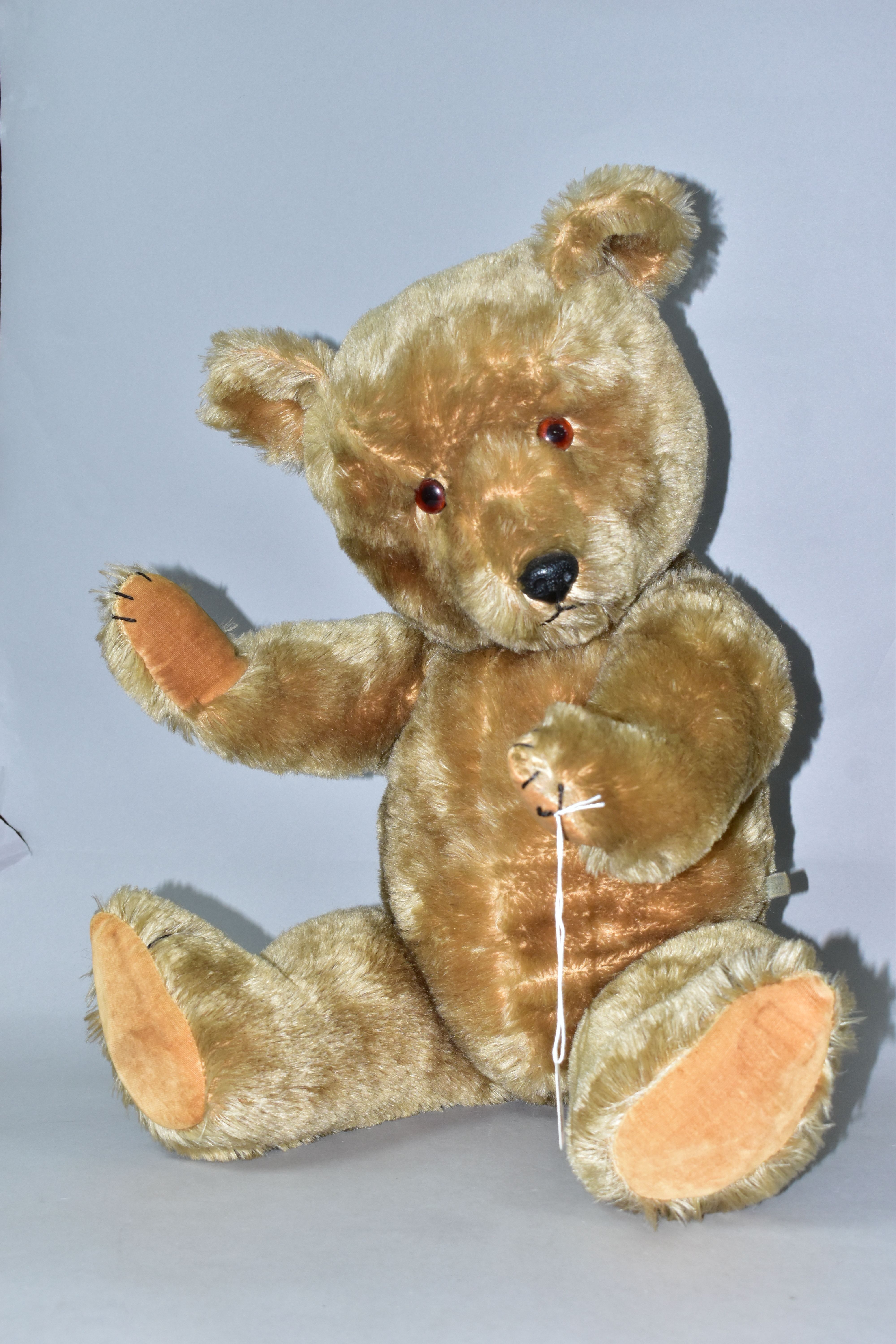 A 20TH CENTURY CHILTERN HYGIENIC TOYS TEDDY BEAR, disc joints, stitched features, blonde mohair,