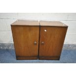 A PAIR OF WALNUT SINGLE DOOR BEDSIDE CABINETS, enclosing a single drawer and shelf, width 38cm x