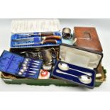 A BOX OF ASSORTED ITEMS, to include a wooden jewellery box with key and costume jewellery, a