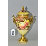A COALPORT PEDESTAL COVERED VASE, of urn form hand painted with fruit, signed N (Norman) Lear,