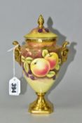A COALPORT PEDESTAL COVERED VASE, of urn form hand painted with fruit, signed N (Norman) Lear,