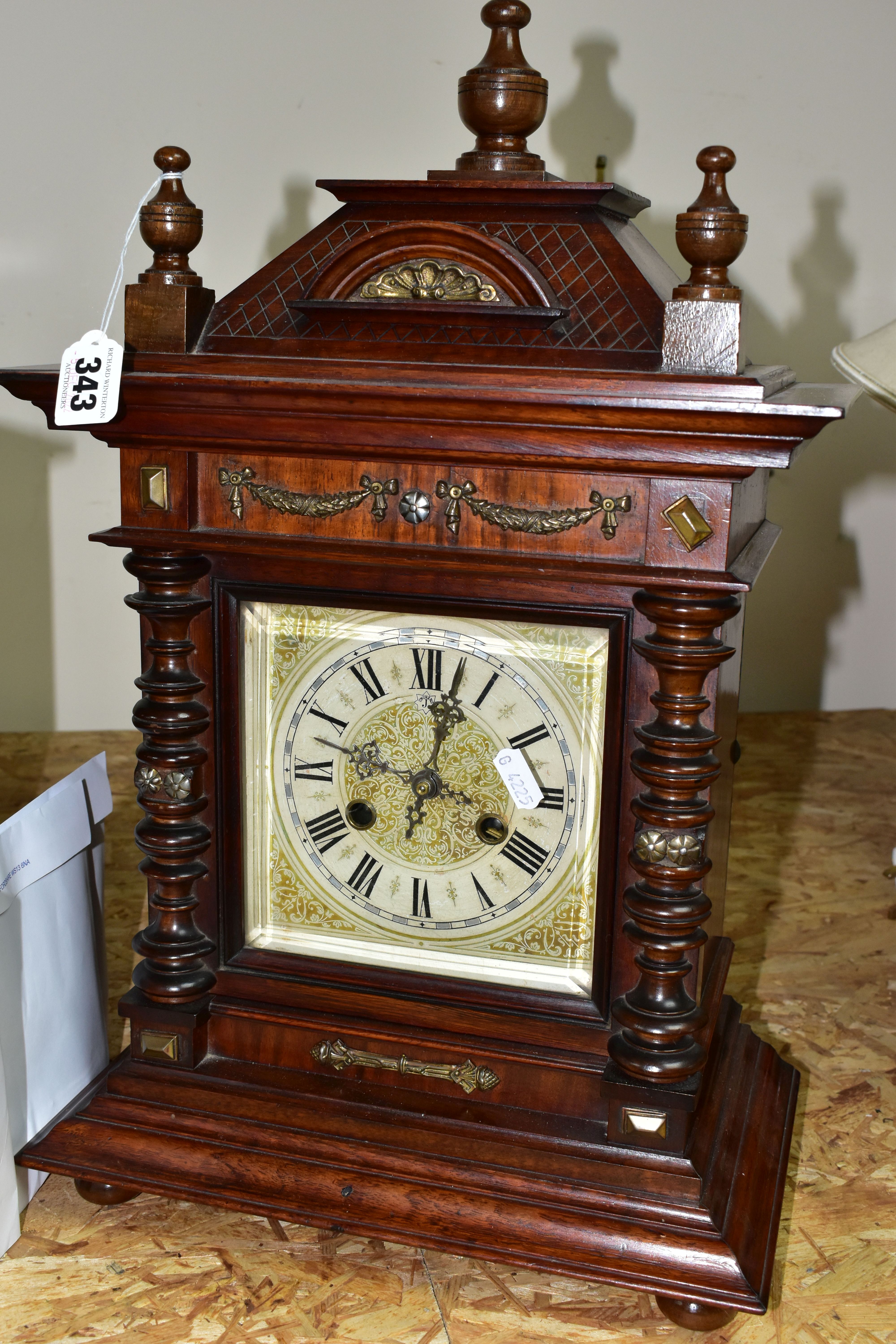 TWO ANTIQUE CLOCKS, comprising a black slate and marble mantel clock, with white enamel dial bearing - Image 2 of 7