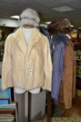 A BOX AND LOOSE FUR ITEMS AND OTHER CLOTHING, comprising a blonde fur jacket, length 66cm