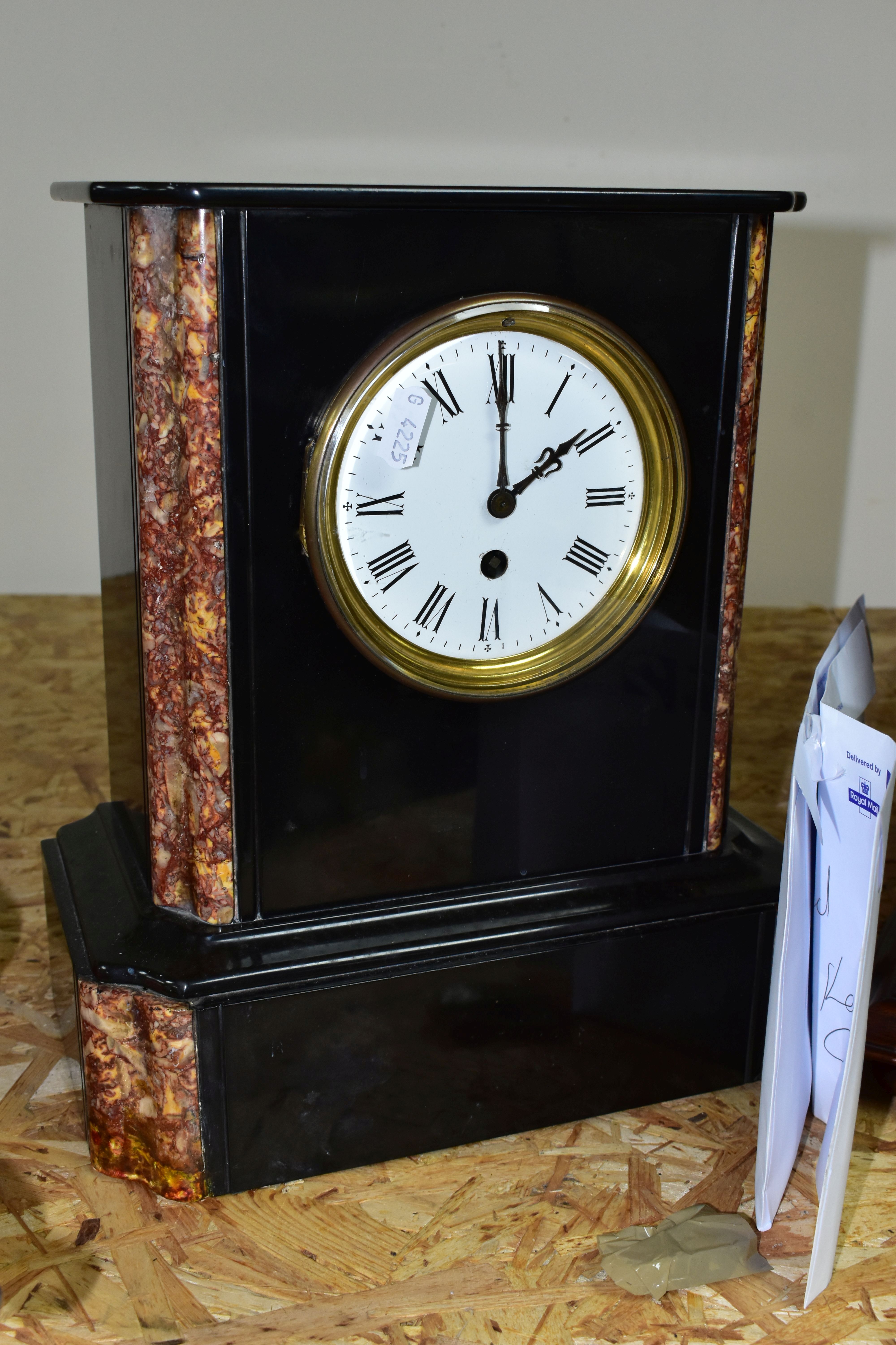 TWO ANTIQUE CLOCKS, comprising a black slate and marble mantel clock, with white enamel dial bearing - Image 3 of 7