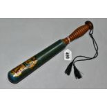A VICTORIAN POLICEMAN'S TRUNCHEON, painted green and blue, crown and VR, length 33cm (1) (