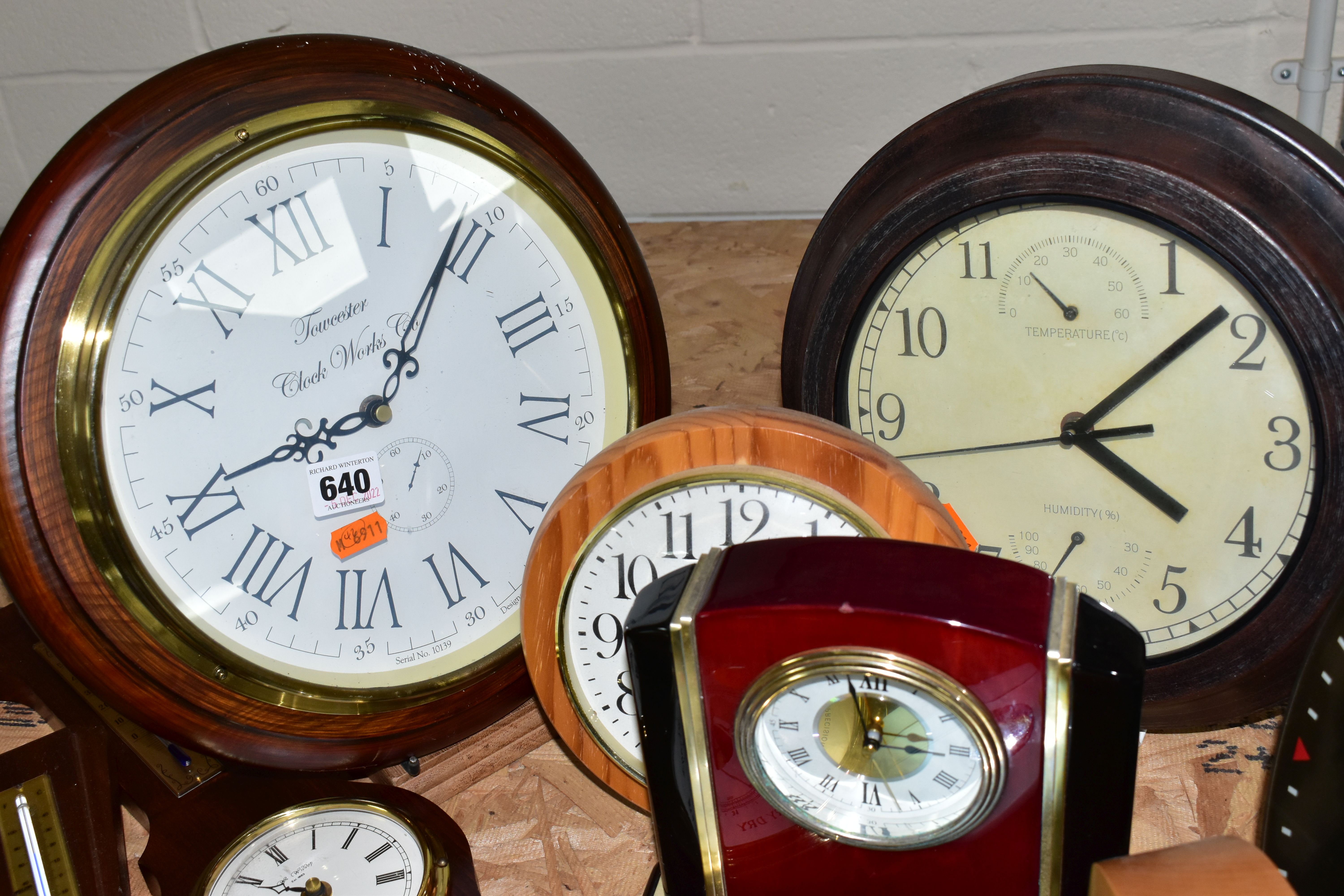 A GROUP OF CLOCKS AND BAROMETERS, to include wall, mantel and alarm clocks, a Royal Air Force - Image 3 of 4