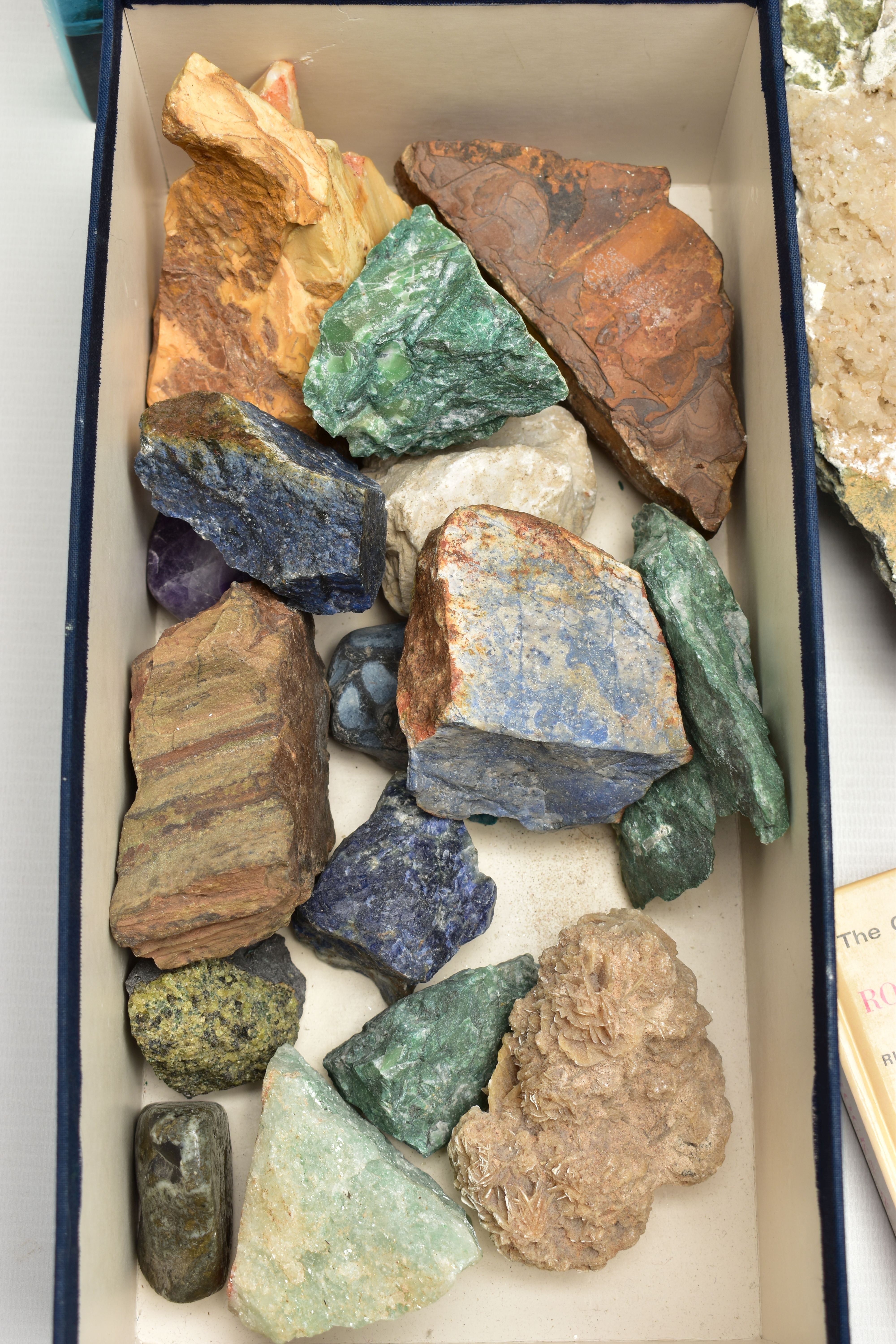 TWO BOXES OF GEMSTONE SPECIMENS, MINERALS, AND BOOKS, specimens to include petrified wood, Lapis - Image 3 of 4