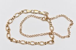 TWO 9CT GOLD BRACELETS, the first a figaro chain bracelet, fitted with a spring clasp, hallmarked