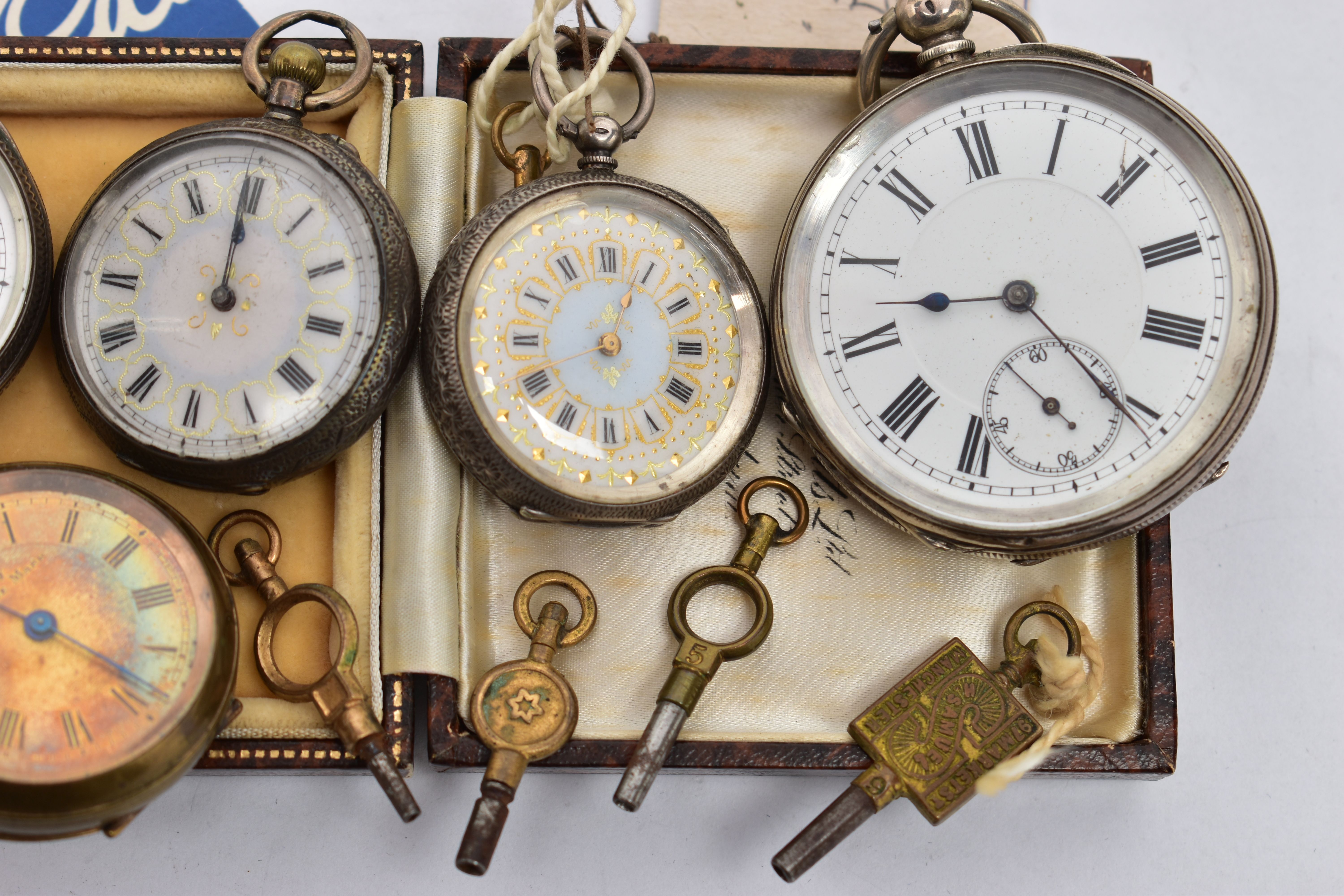 FIVE OPEN FACE POCKET WATCHES, the first a silver cased ladies pocket watch, hand wound movement, - Image 2 of 5
