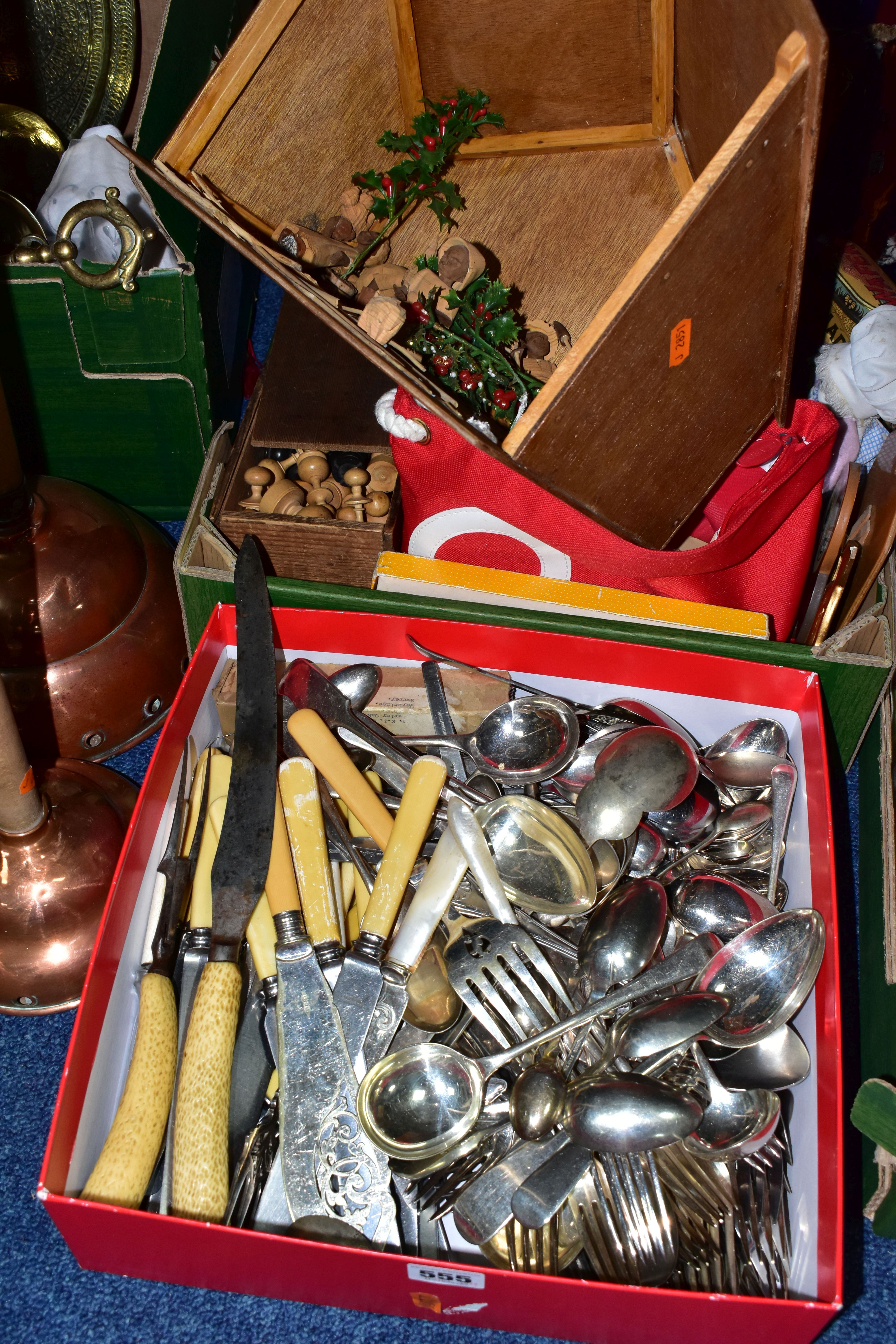 THREE BOXES OF METALWARE, to include two copper wash day dollies, an autograph book with drawings - Image 6 of 16