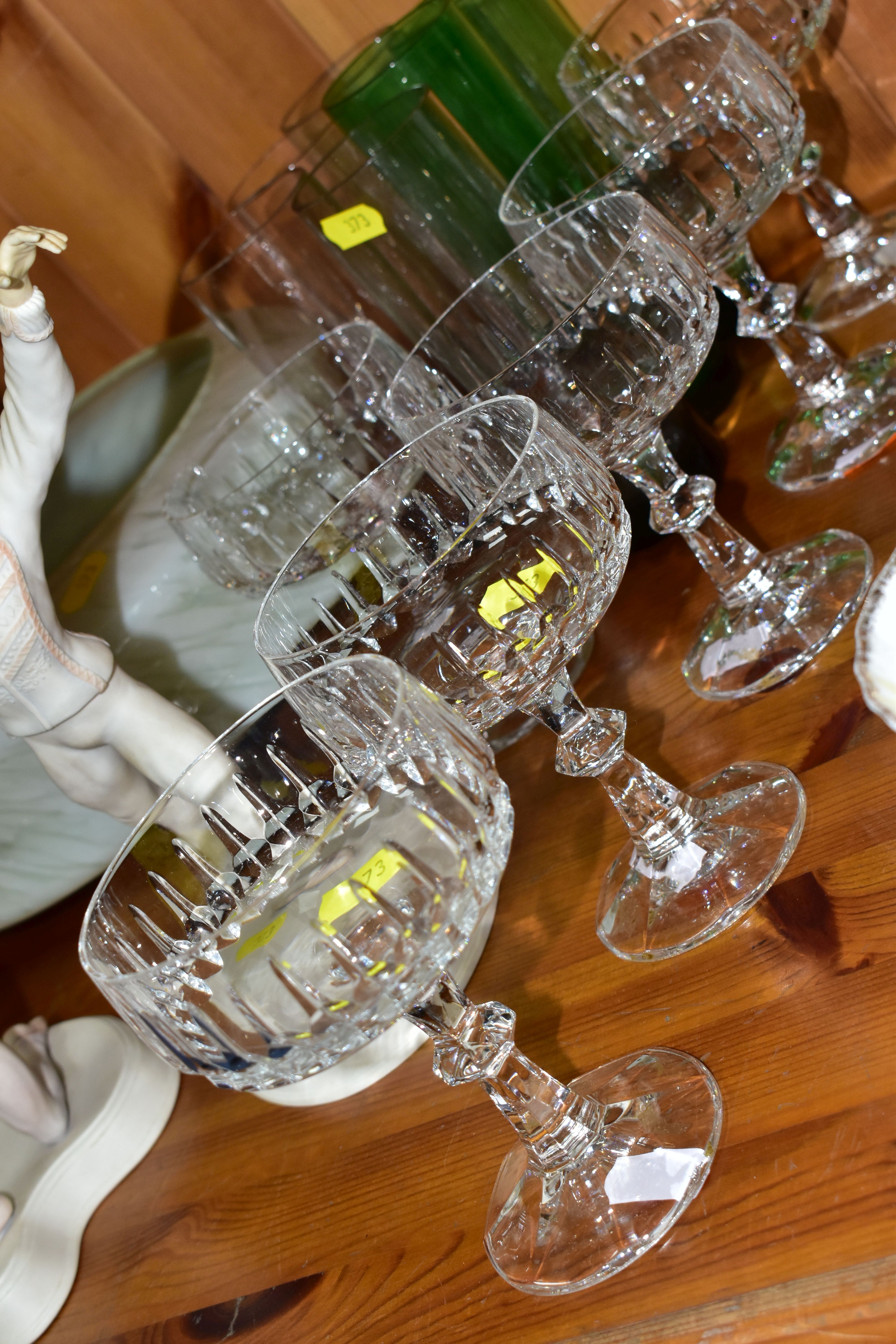 A 1930S PALE GREEN AND WHITE MOTTLED GLASS CEILING LIGHT SHADE, together with six cut crystal wine - Image 2 of 5