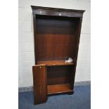 A MAHOGANY OPEN BOOKCASE with three adjustable shelves, width 98cm x depth 31cm x height 194cm (