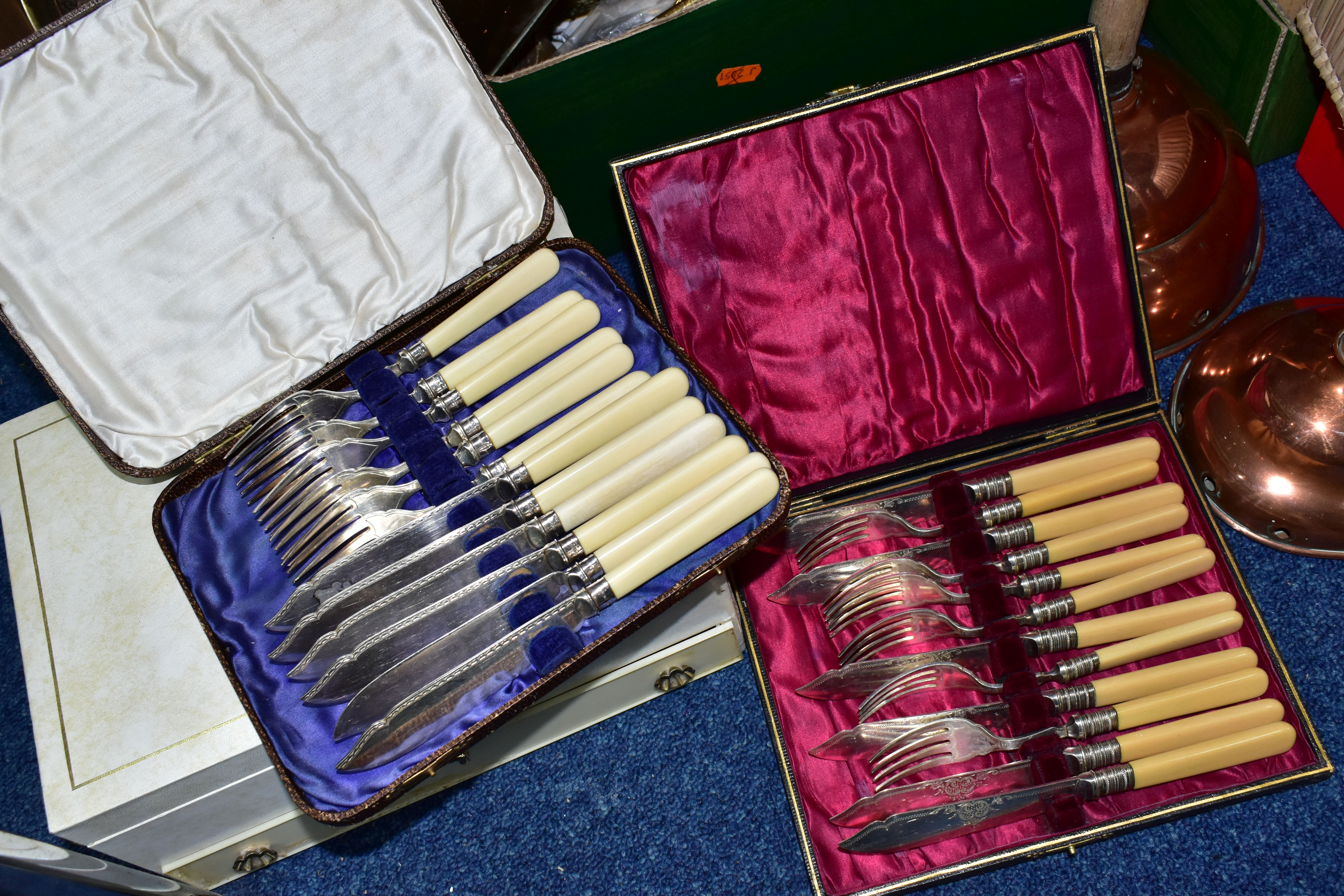 THREE BOXES OF METALWARE, to include two copper wash day dollies, an autograph book with drawings - Image 2 of 16