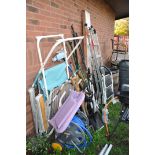 A LARGE QUANTITY OF GARDEN TOOLS AND FURNITURE including a boxed and unopened barbecue shelter, step