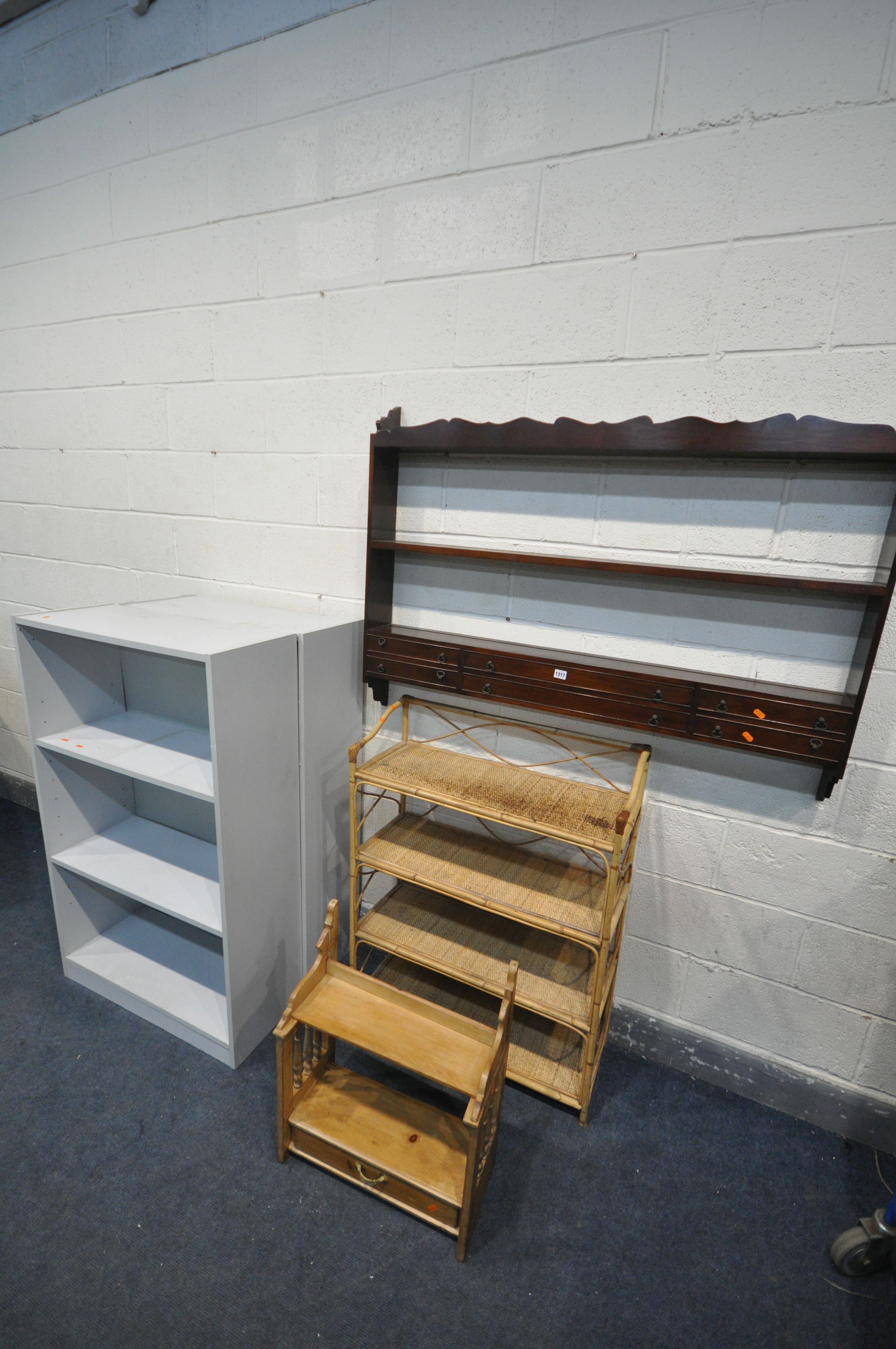 A MAHOGANY WALL SHELF, width 128cm x height 93cm, along with a bamboo bookcase, a pine hanging