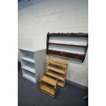 A MAHOGANY WALL SHELF, width 128cm x height 93cm, along with a bamboo bookcase, a pine hanging
