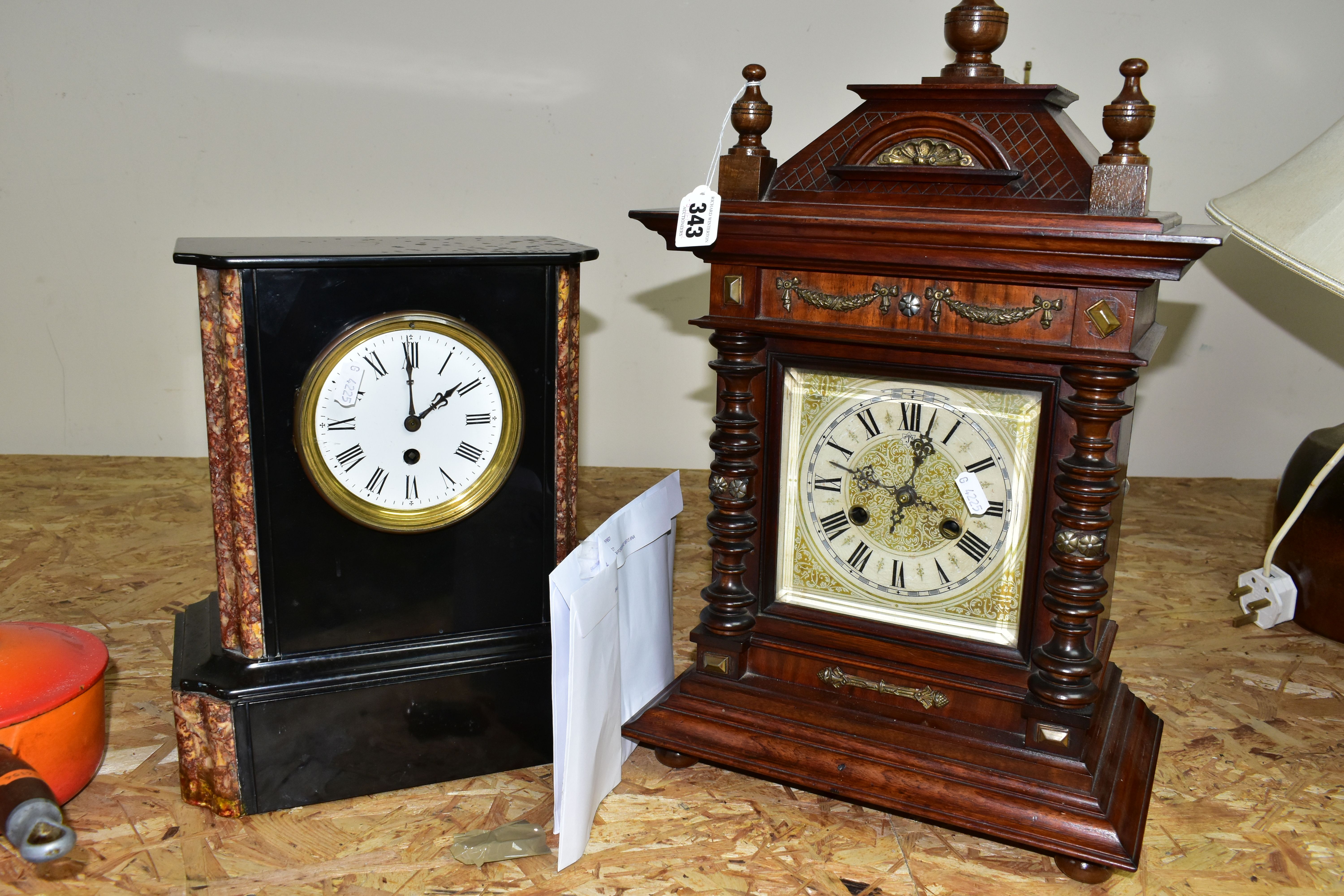 TWO ANTIQUE CLOCKS, comprising a black slate and marble mantel clock, with white enamel dial bearing