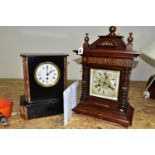 TWO ANTIQUE CLOCKS, comprising a black slate and marble mantel clock, with white enamel dial bearing