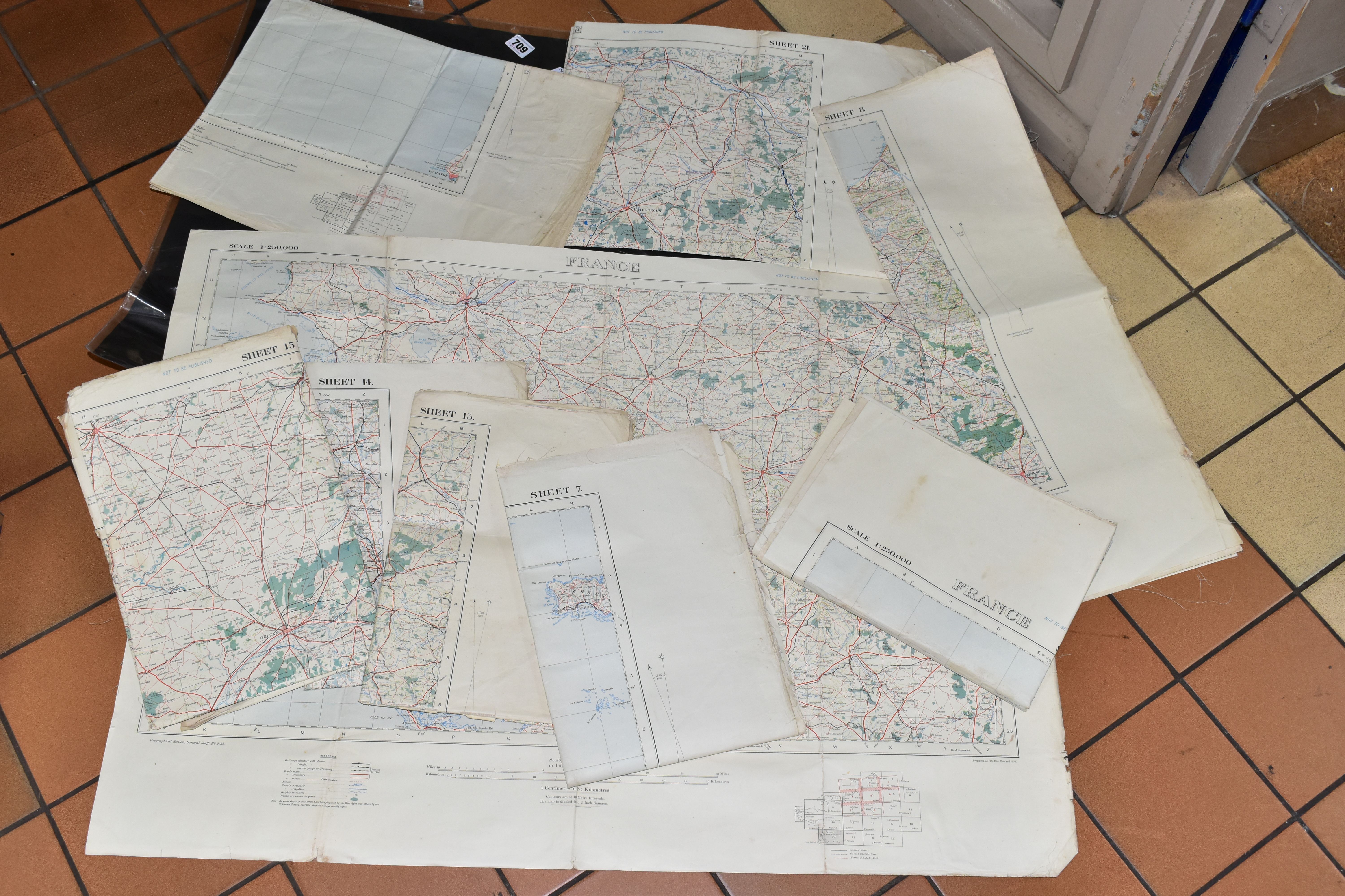 NINE 1-250,000 SCALE ORDNANCE SURVEY MAPS OF FRANCE DATED 1938, comprising sheets 3a, 7, 7a & 13a,