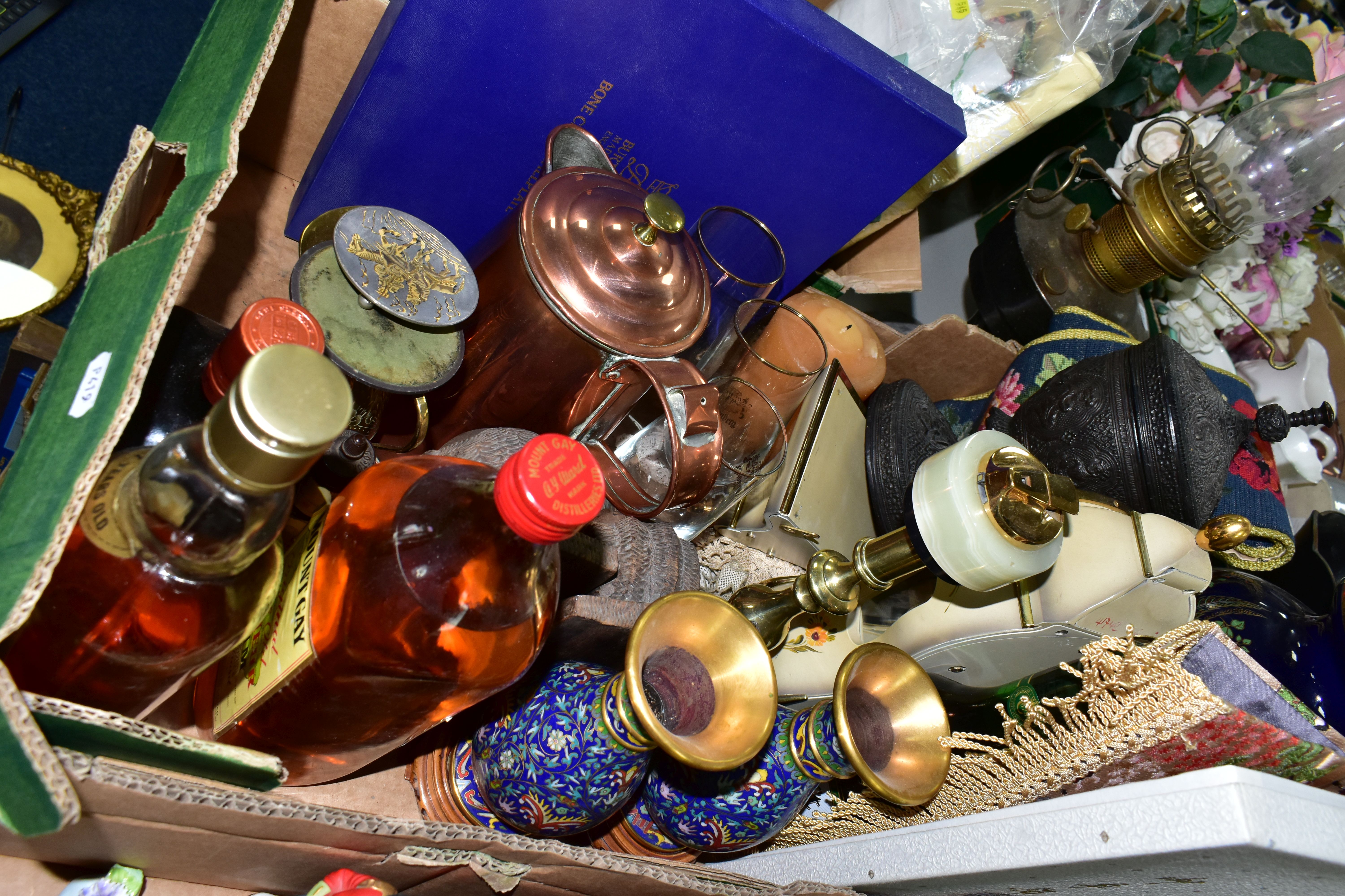 TWO BOXES OF ASSORTED SUNDRIES, to include a ceramic based table lamp, height 43cm to top of brass - Image 2 of 10