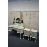 AN OLYMPUS FRENCH WHITE PAINTED FIVE PEICE BEDROOM SUITE, comprising two double door wardrobes,