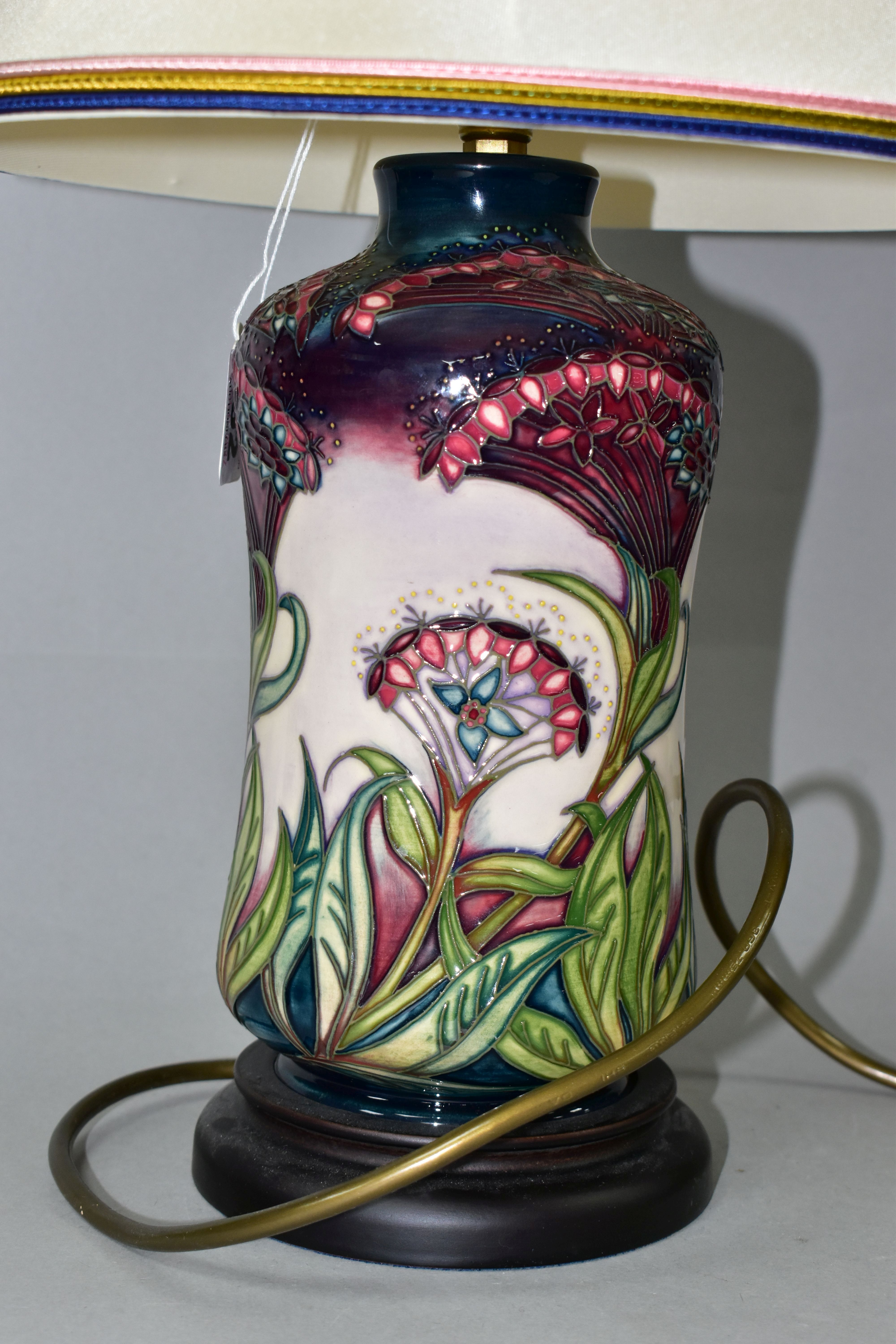 A MOORCROFT POTTERY 'GYPSY' PATTERN TABLE LAMP, of waisted cylindrical form, tube lined with - Image 3 of 5