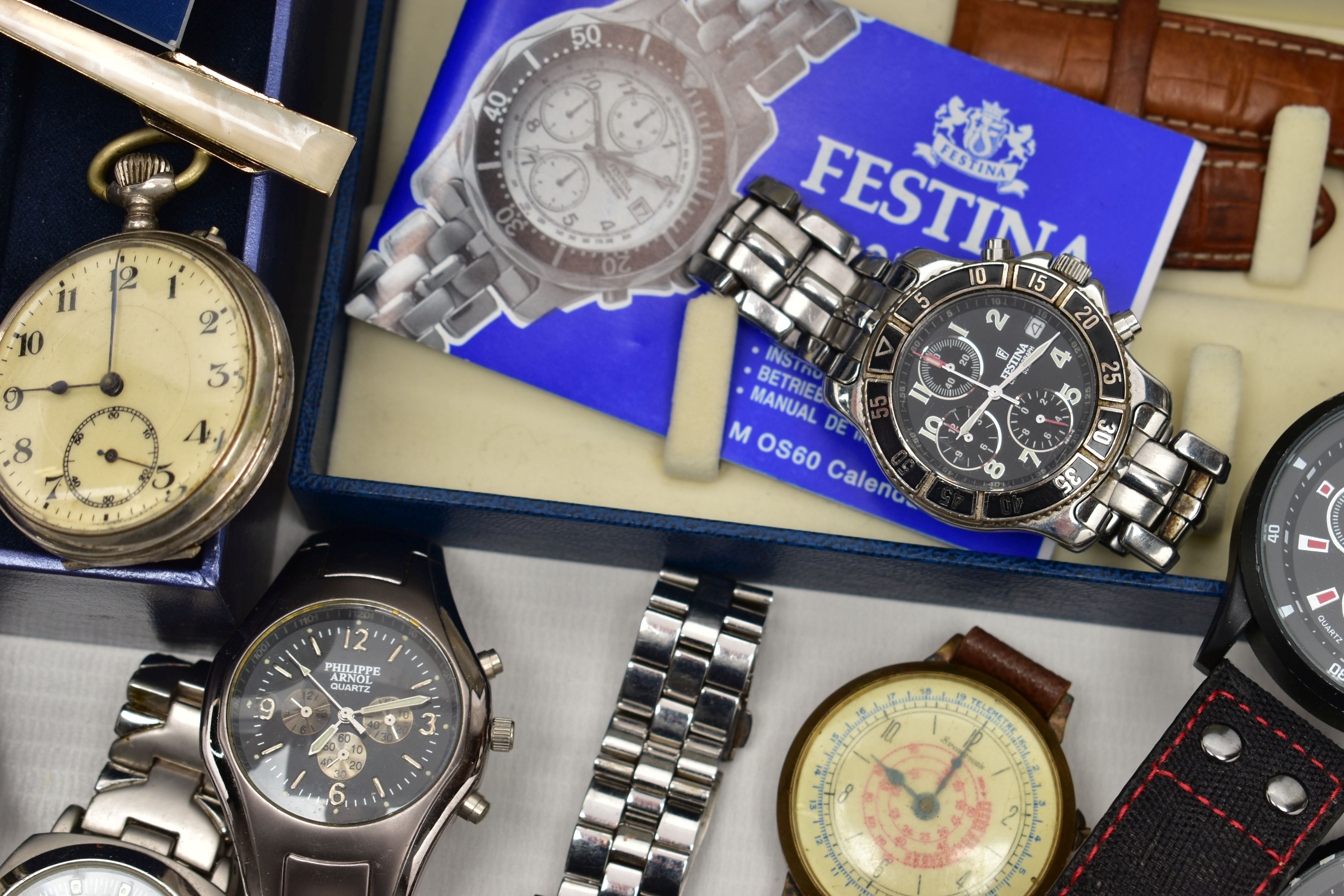 A BOX OF ASSORTED FASHION WRISTWATCHES AND OTHER ITEMS, all untested, to include a boxed 'Swatch' on - Image 6 of 6