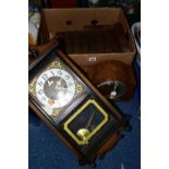 A BOX AND LOOSE BOOKS AND CLOCKS, comprising a Lava 31 day wall clock, a twentieth century wooden