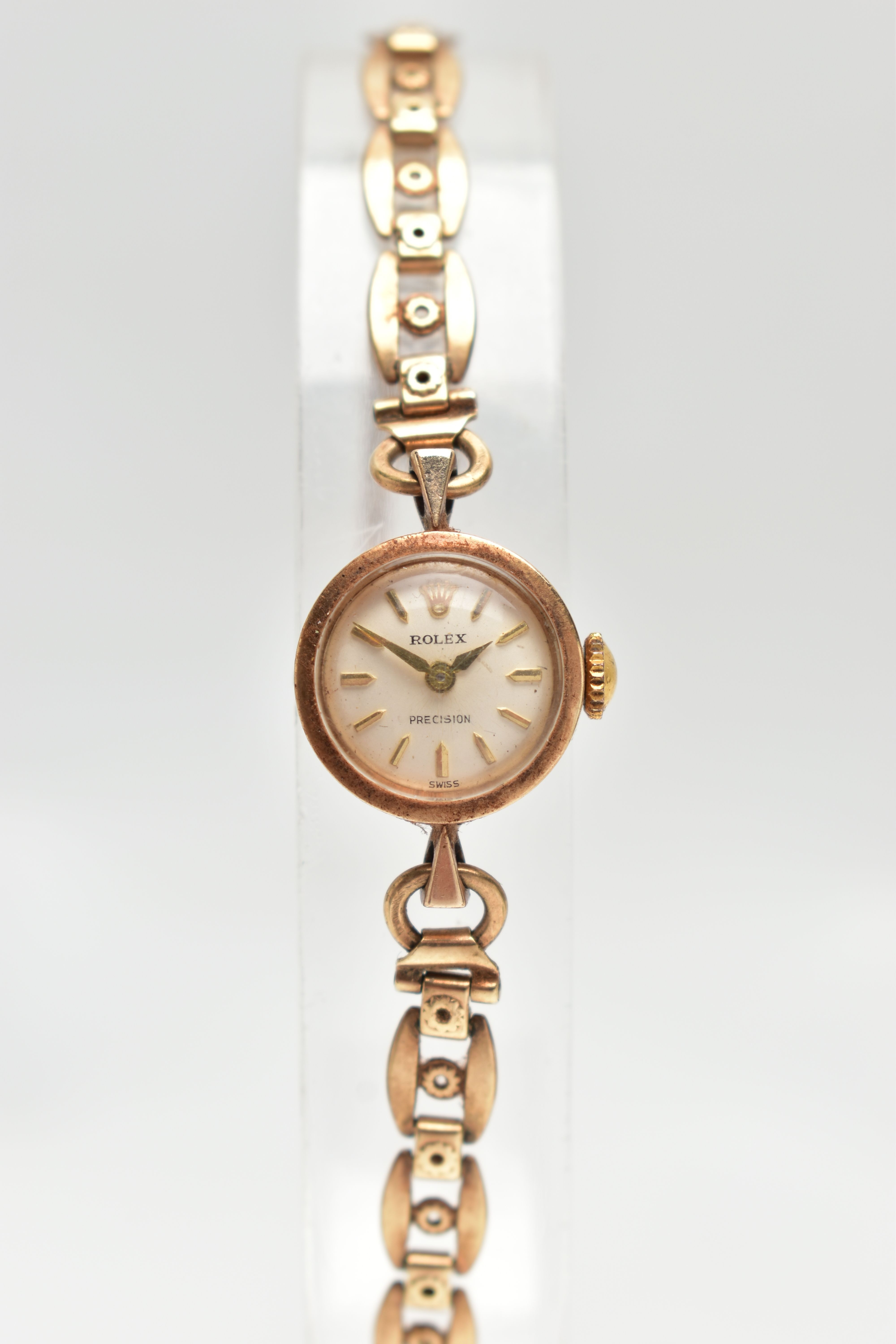 A LADIES 9CT GOLD 'ROLEX' WRISTWATCH, non-running manual wind, silver dial signed 'Rolex Precision',