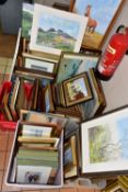 FOUR BOXES AND LOOSE ASSORTED PAINTINGS AND PRINTS ETC, to include landscapes and seascapes