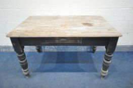 A LATE VICTORIAN PINE KITCHEN TABLE, with a single drawer, on a turned ebonised base, length 124cm x