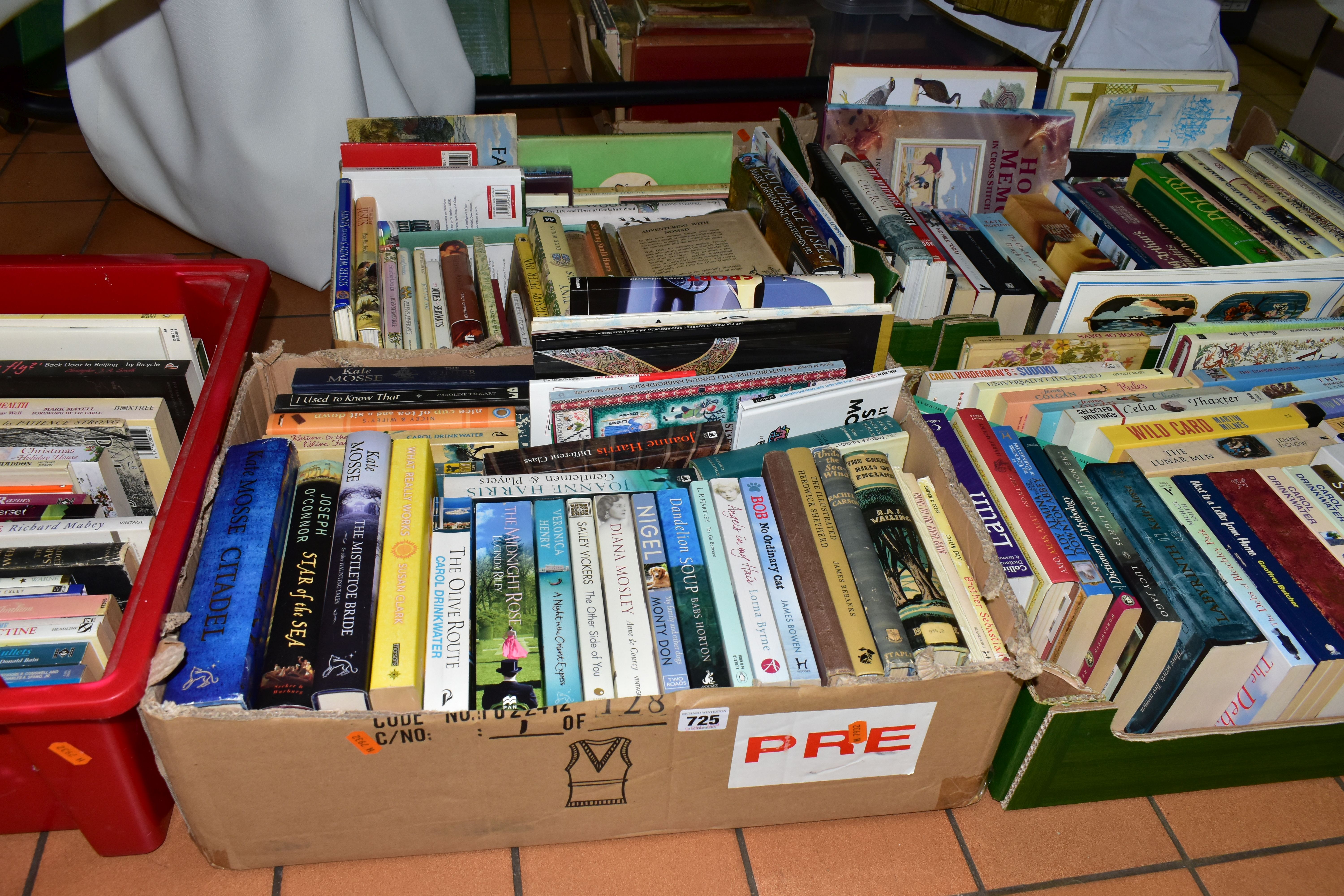 BOOKS, five boxes containing approximately 160 miscellaneous titles in hardback and paperback