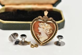 A 9CT GOLD CAMEO BROOCH/PENDANT, AN EARRING AND A BOXED SET OF DRESS STUDS, the cameo brooch/