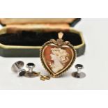 A 9CT GOLD CAMEO BROOCH/PENDANT, AN EARRING AND A BOXED SET OF DRESS STUDS, the cameo brooch/