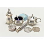 A THREE PIECE SILVER CONDIMENT SET AND TWO SILVER SCENT BOTTLES, the condiments to include a