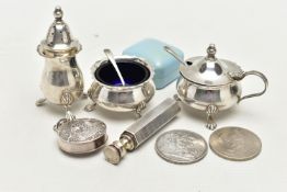 A THREE PIECE SILVER CONDIMENT SET AND TWO SILVER SCENT BOTTLES, the condiments to include a
