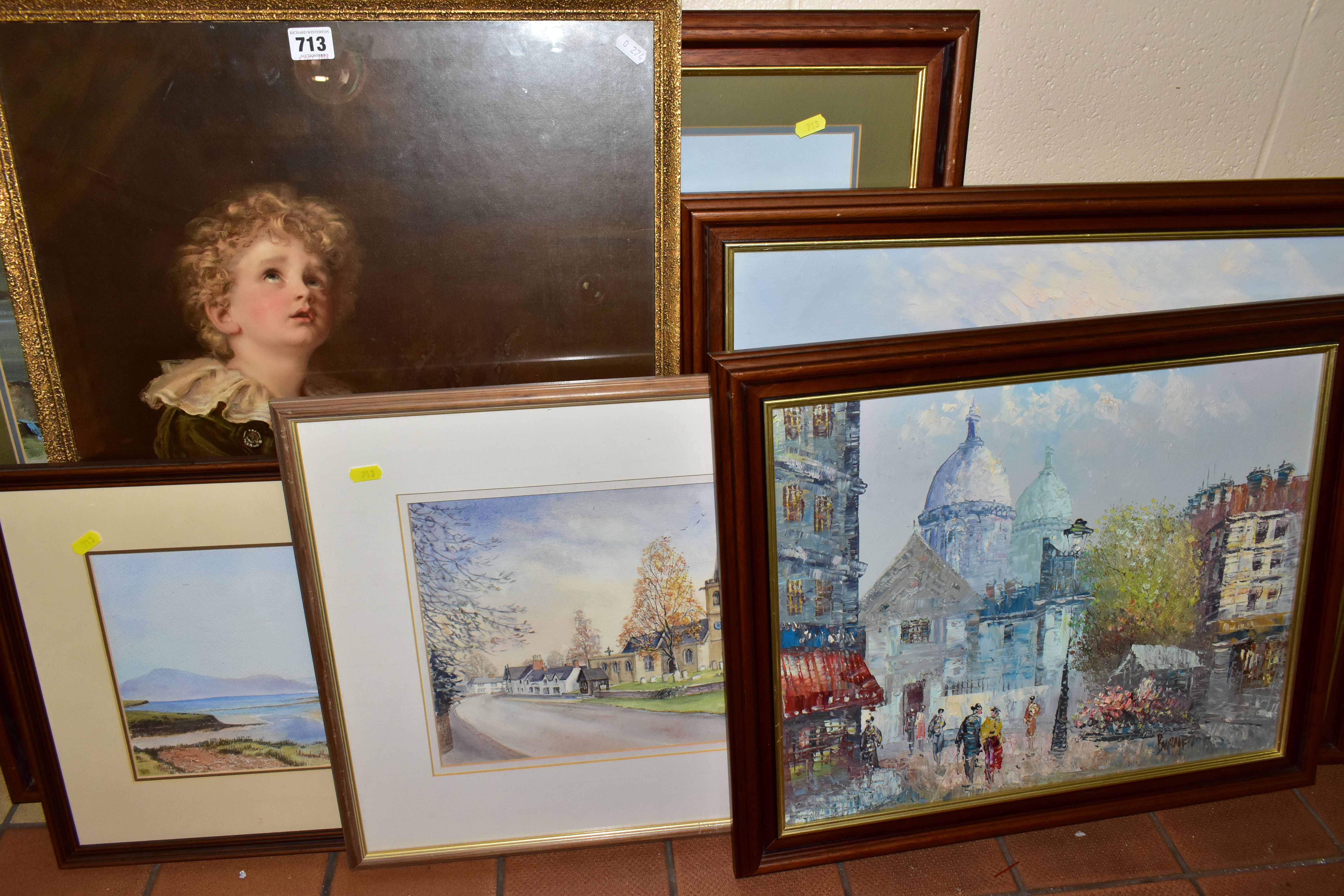 SIX PAINTINGS AND PRINTS, COMPRISING A BURNETT PARISIAN OIL ON BOARD, approximate size 40cm x