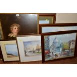 SIX PAINTINGS AND PRINTS, COMPRISING A BURNETT PARISIAN OIL ON BOARD, approximate size 40cm x