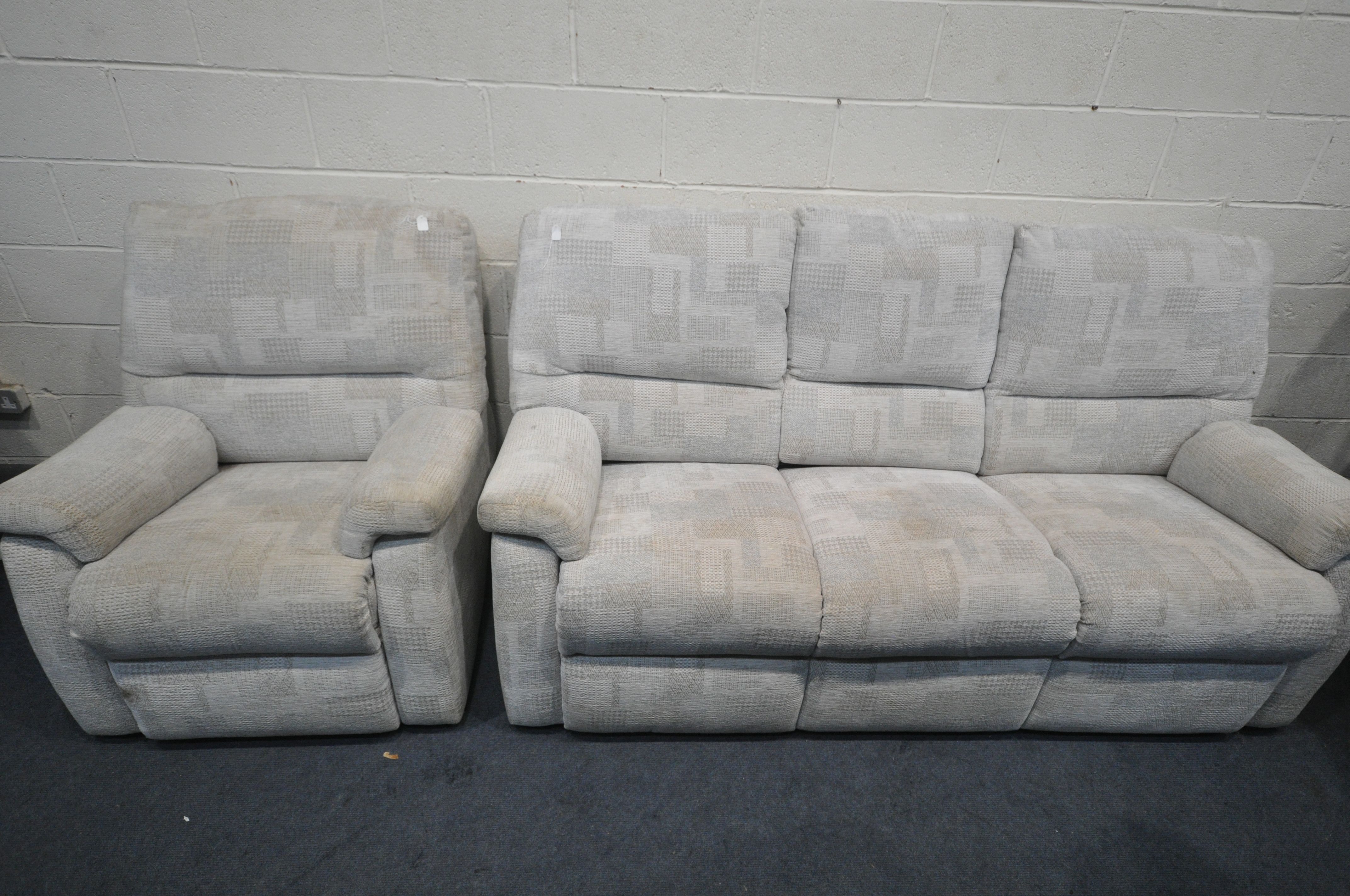 A G PLAN BEIGE UPHOLSTERED THREE PIECE LOUNGE SUITE, comprising a three seater sofa, length 200cm,