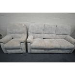 A G PLAN BEIGE UPHOLSTERED THREE PIECE LOUNGE SUITE, comprising a three seater sofa, length 200cm,
