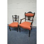 AN EDWARDIAN MAHOGANY ELBOW CHAIR, with open armrests, and a matching chair (condition:-good