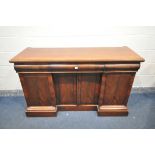 A VICTORIAN MAHOGANY SIDEBOARD, with three drawers and cupboard doors, on a plinth base, length