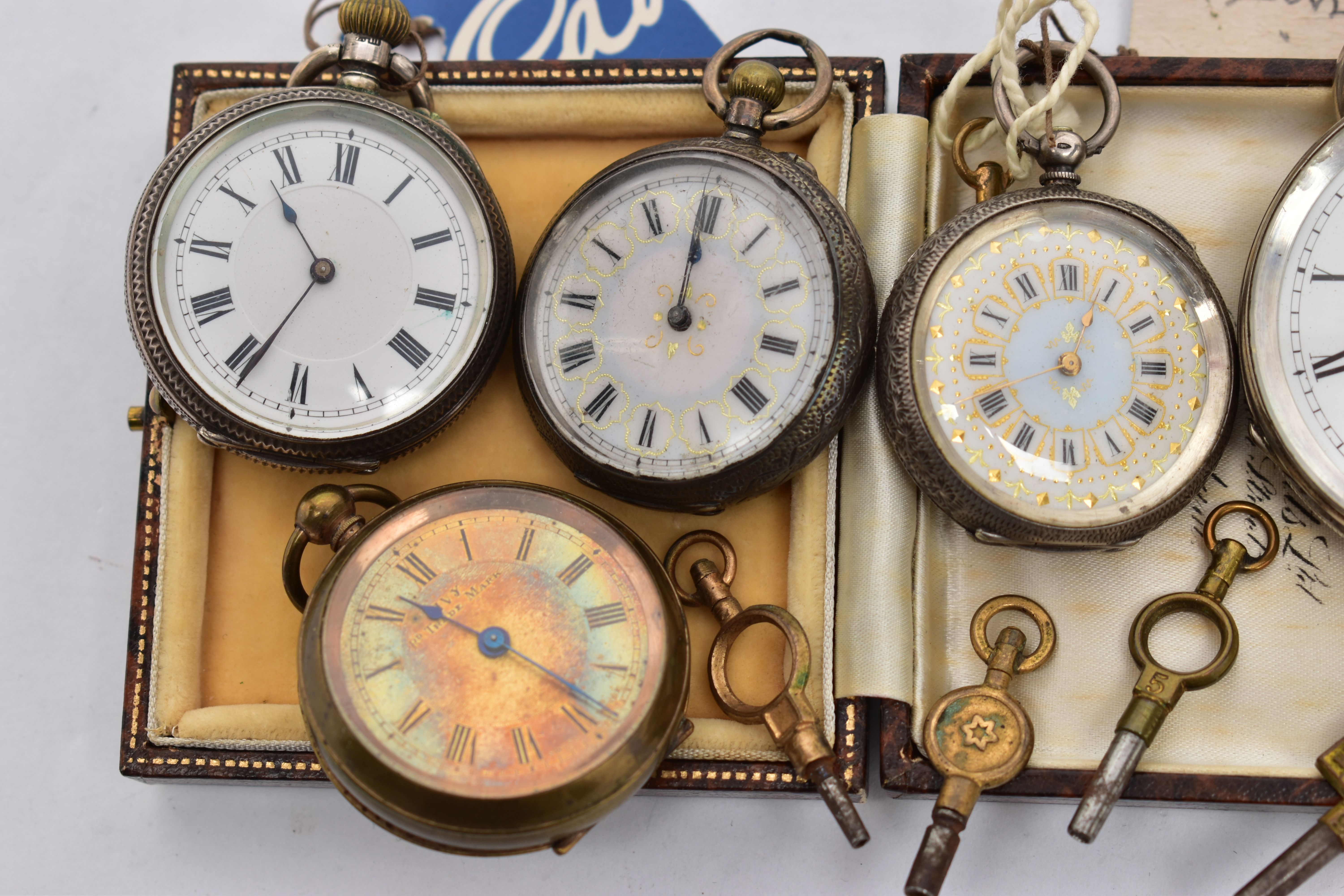 FIVE OPEN FACE POCKET WATCHES, the first a silver cased ladies pocket watch, hand wound movement, - Image 3 of 5