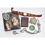 A SELECTION OF JEWELLERY, to include a Victorian silver Albertina featuring three chains, fitted