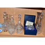 A GROUP OF CUT GLASS WARES AND A CANDLESTICK, comprising a ship's decanter height including