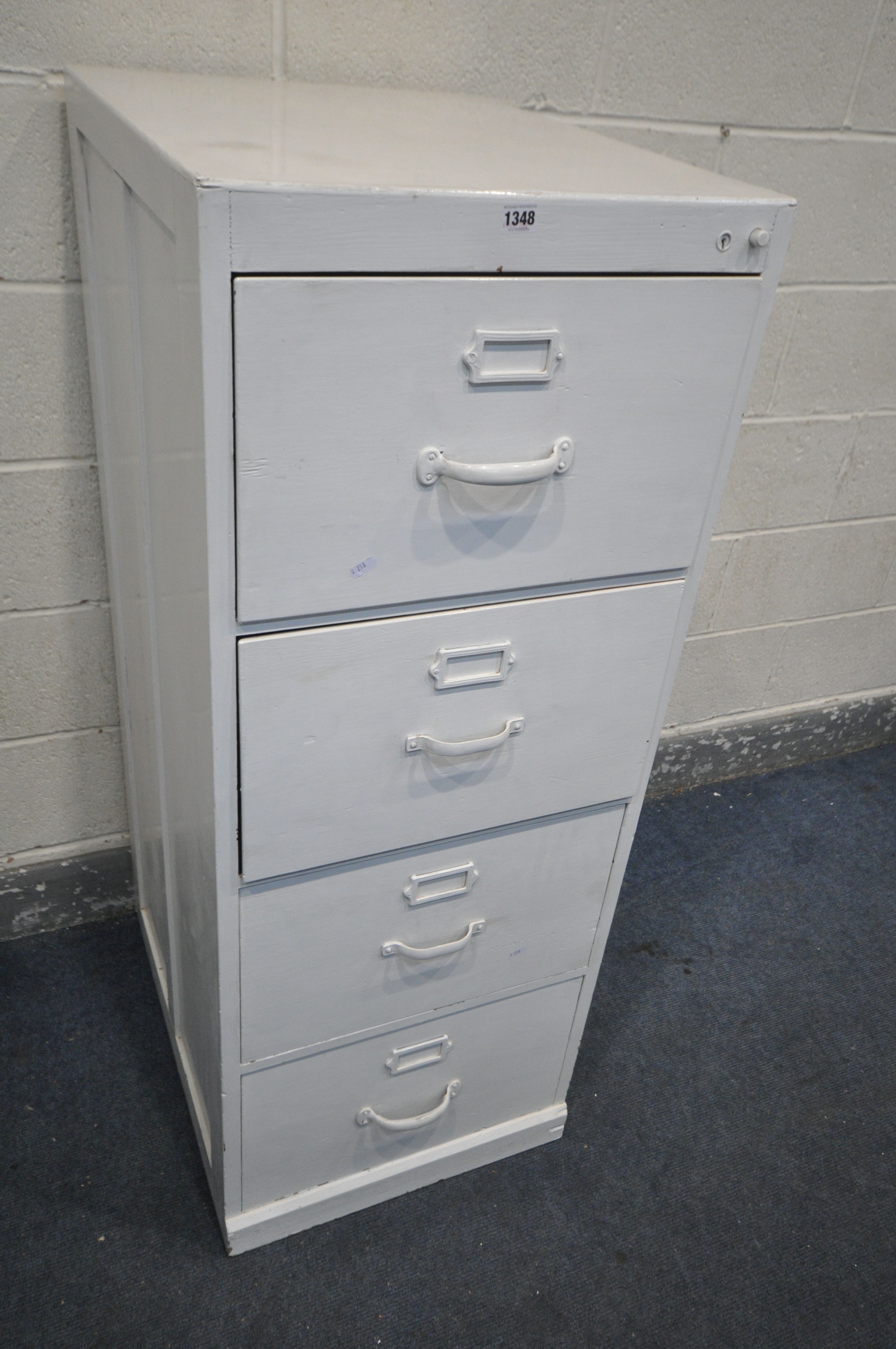 A WHITE PAINTED PINE FOUR DRAWER FILING CABINET, width 51cm x depth 65cm x height 132cm (condition -